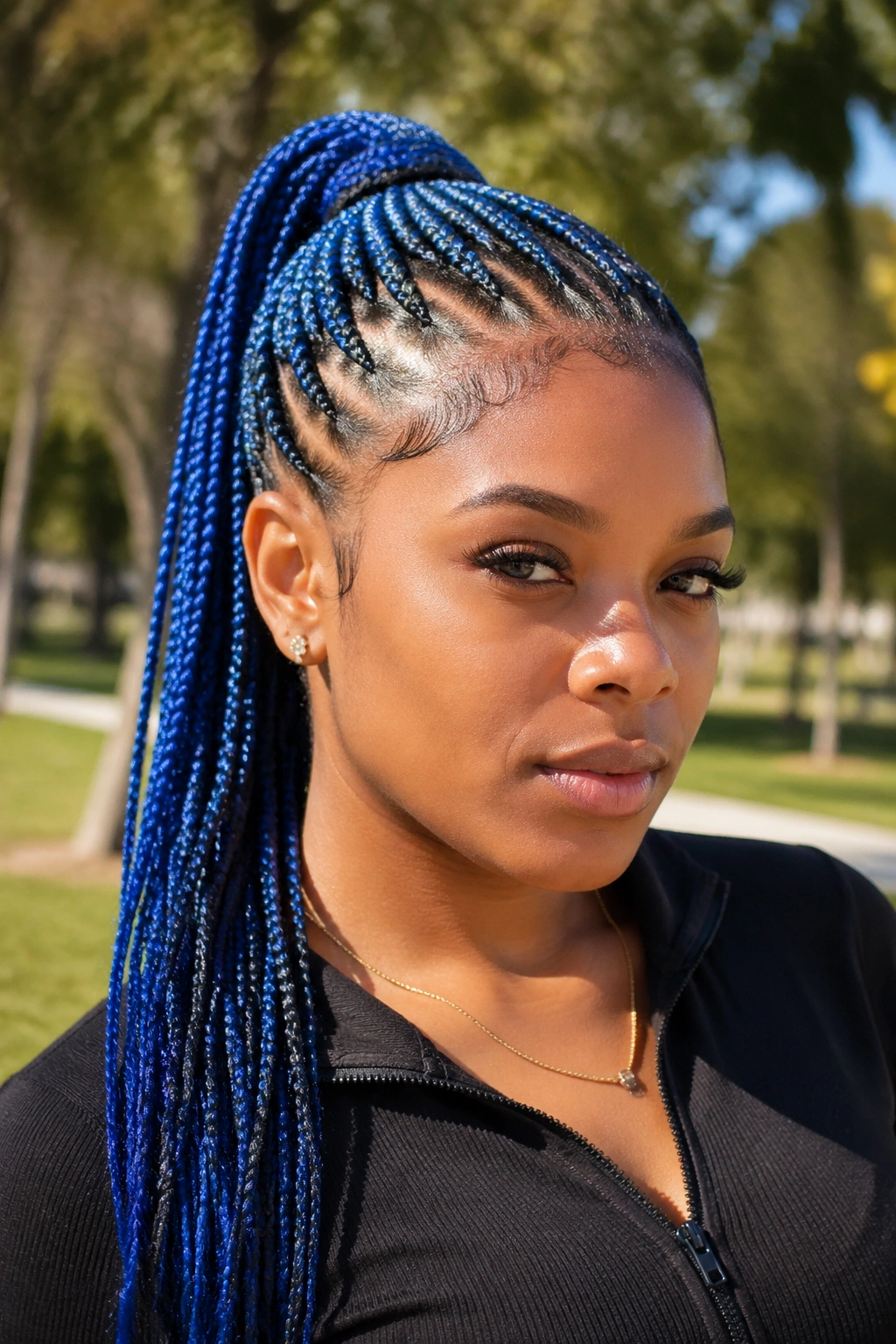 Real person with blue feed-in ponytail braids in outdoor setting