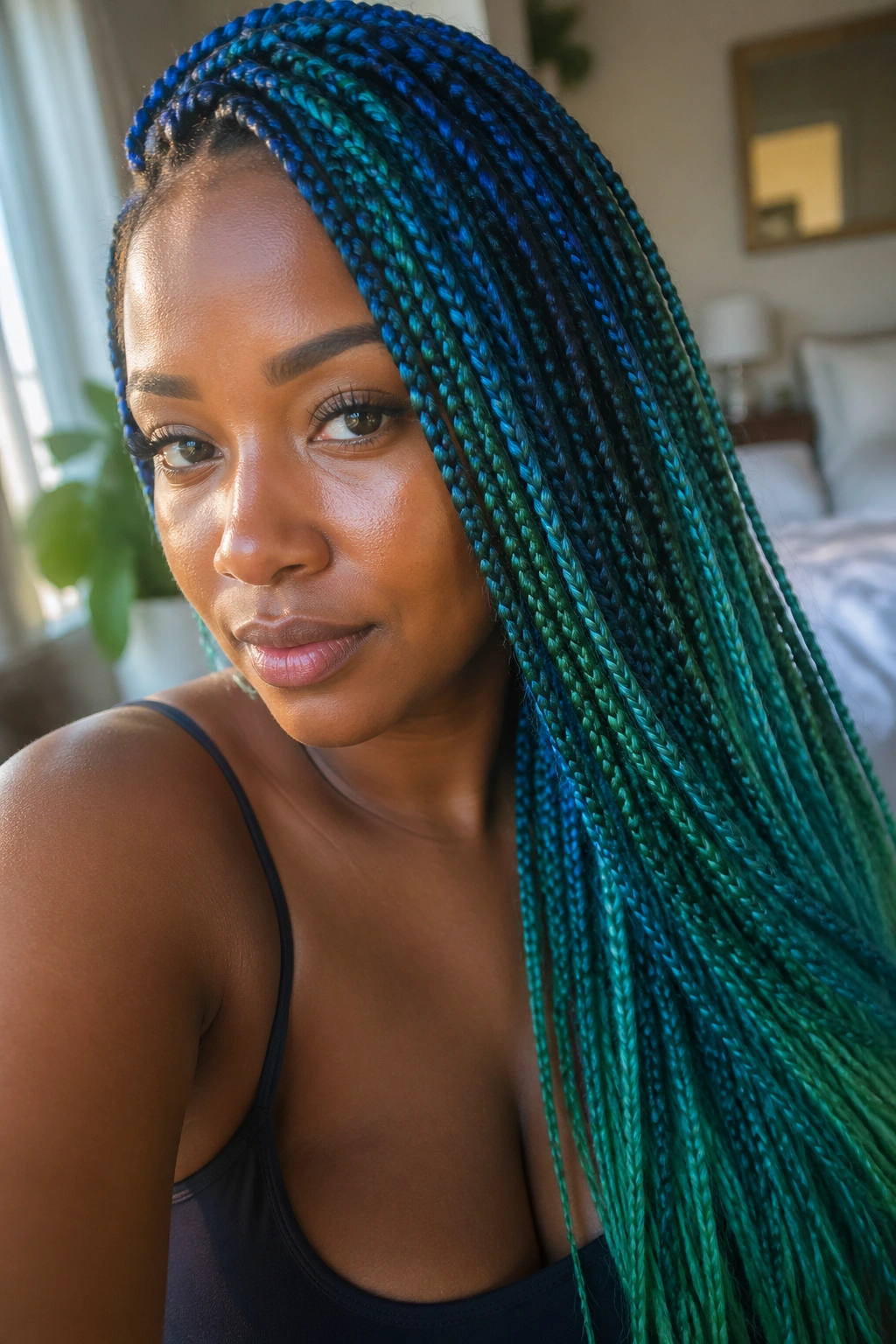 Close-up portrait of a real woman with side-swept blue and green box braids in natural window light