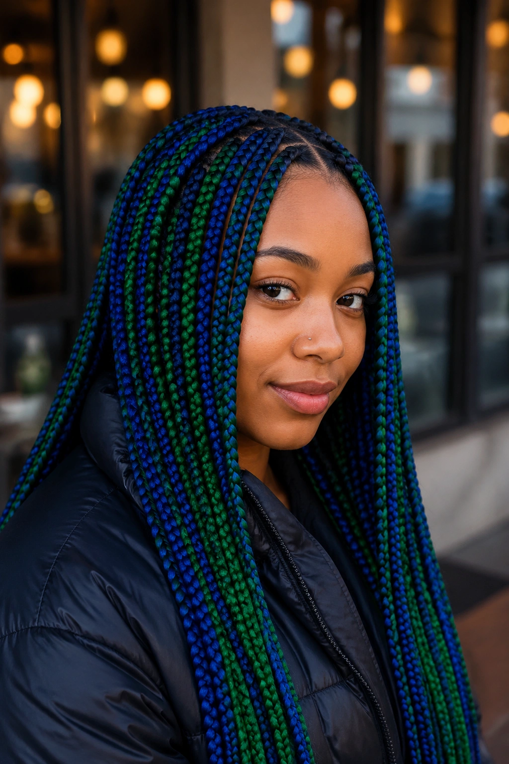 Real person with alternating blue and green box braids in natural daylight