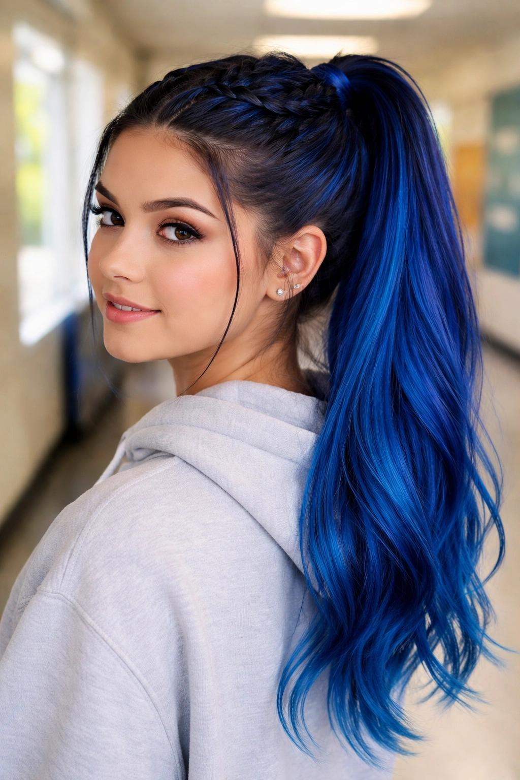 Portrait of a real person featuring a half-braided crown and high blue ponytail in a school hallway setting.