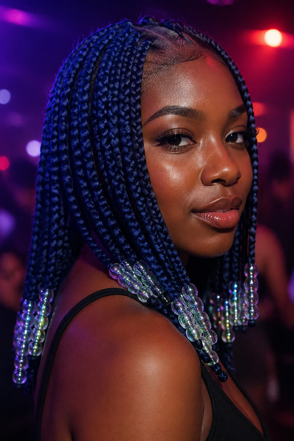 Close-up of blue knotless box braids with iridescent beads
