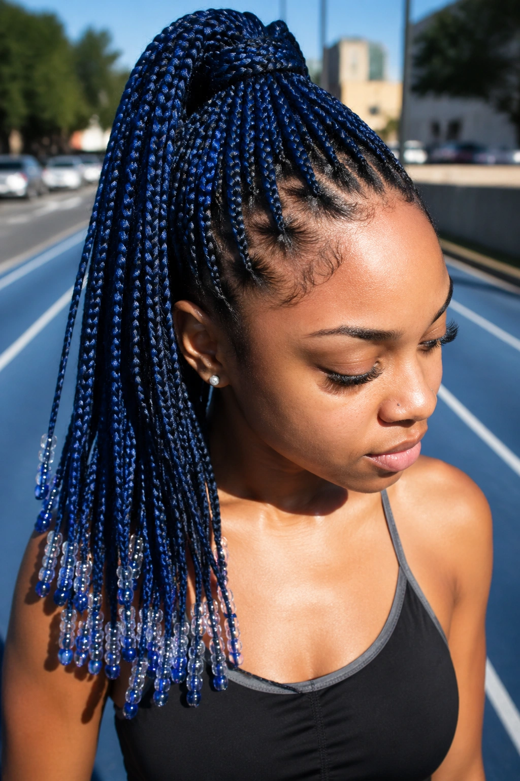 Portrait of a real person with blue knotless box braids in a high ponytail and beaded ends
