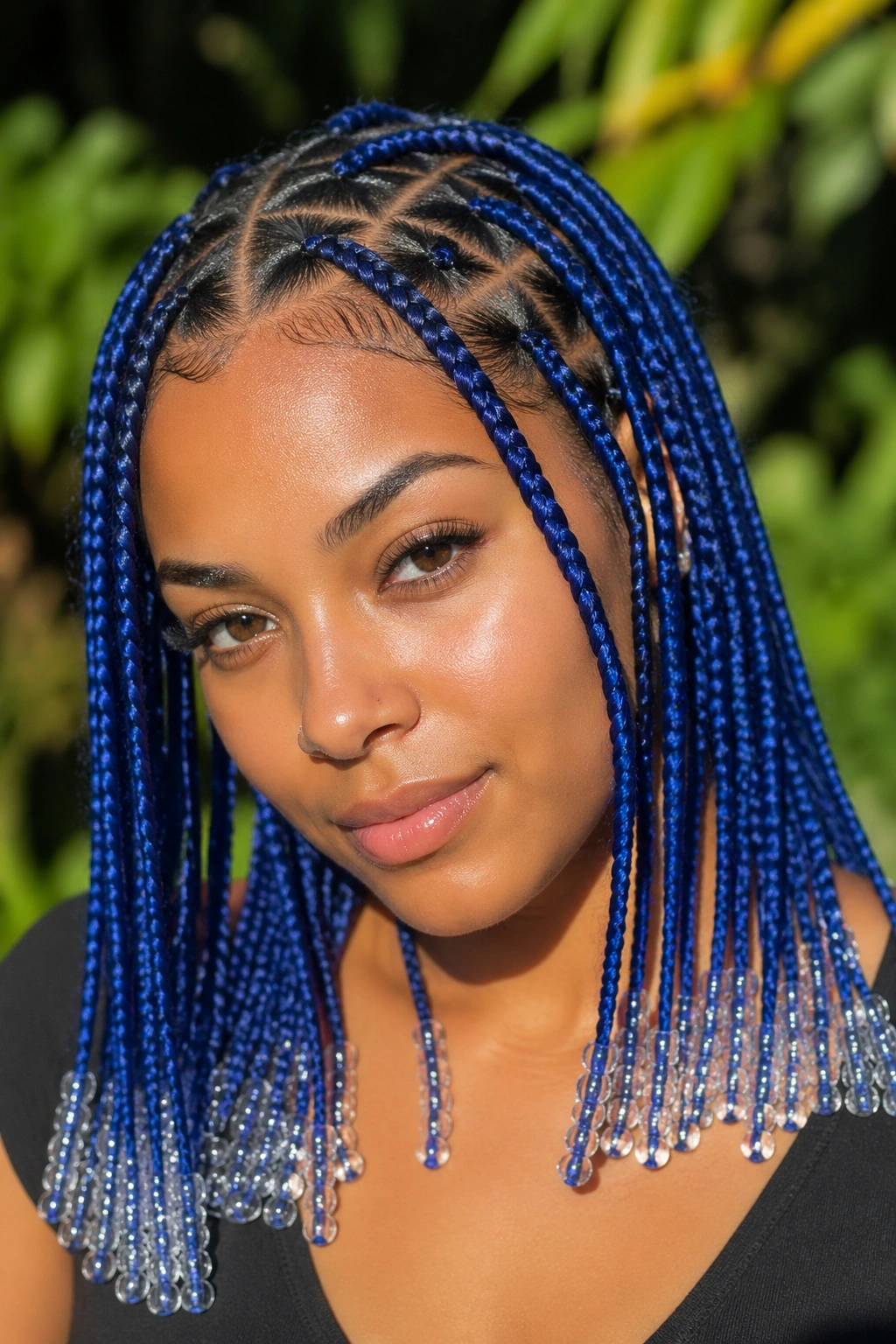Close-up portrait of a real woman with triangle-part blue knotless box braids and transparent beads