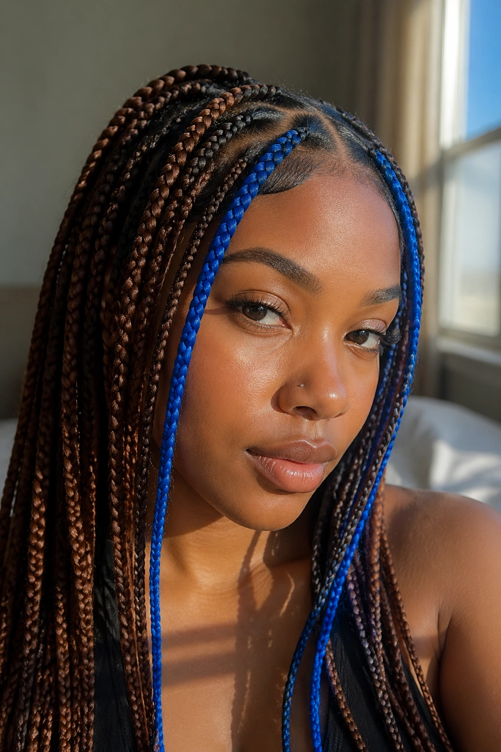 Real woman with blue face-framing money pieces among brown box braids.