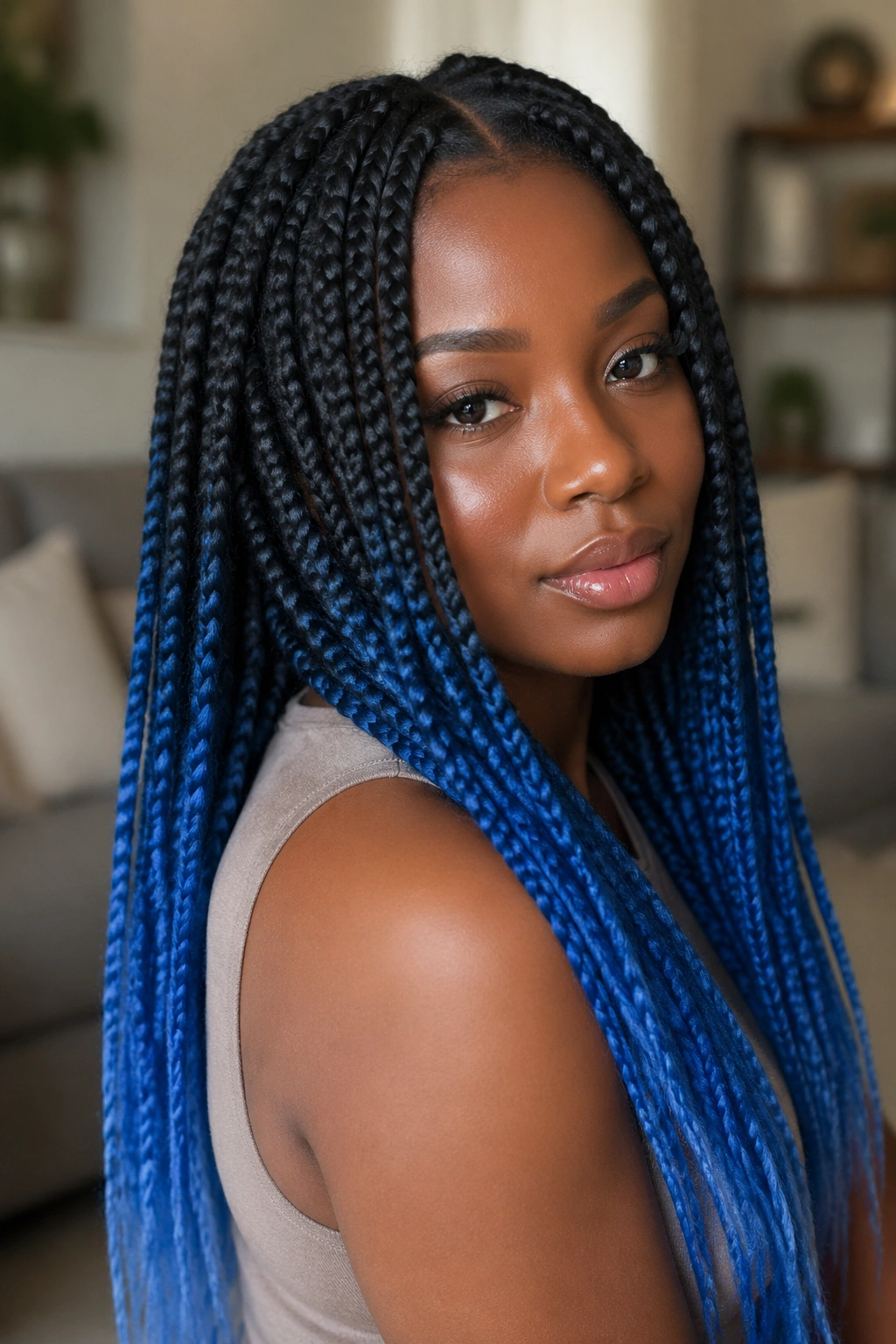 Close-up of real person with blue ombré box braids showing dark roots fading to blue