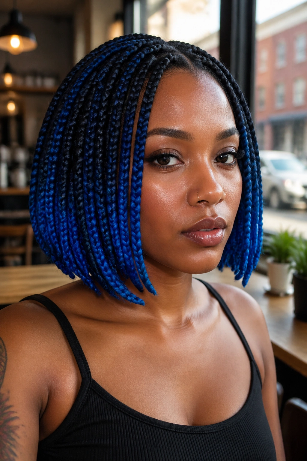 Close-up portrait of a real woman with chin-length blue ombré box braids in a cafe setting.