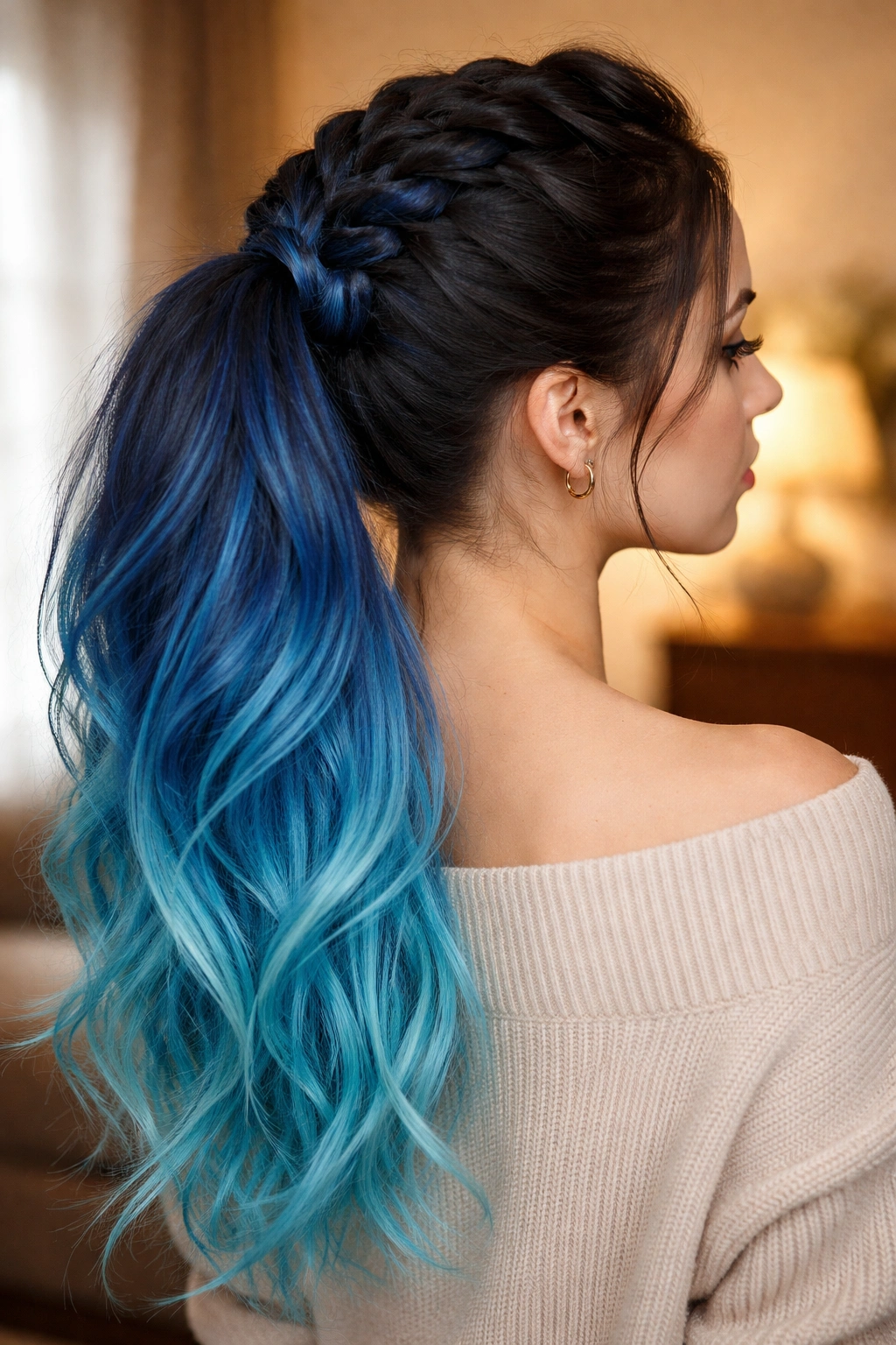 Close-up portrait of a real person wearing a blue ombre Dutch braid ponytail, roots to ends fade.