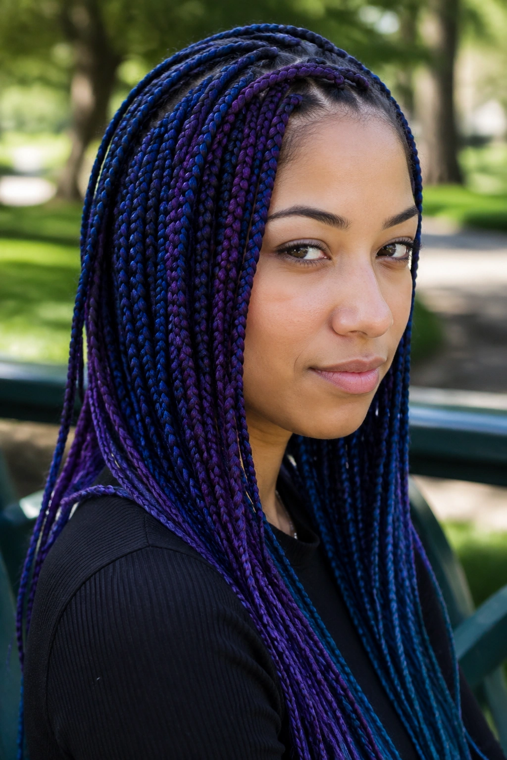 Close-up of a real person with blue and purple mixed box braids in natural daylight.