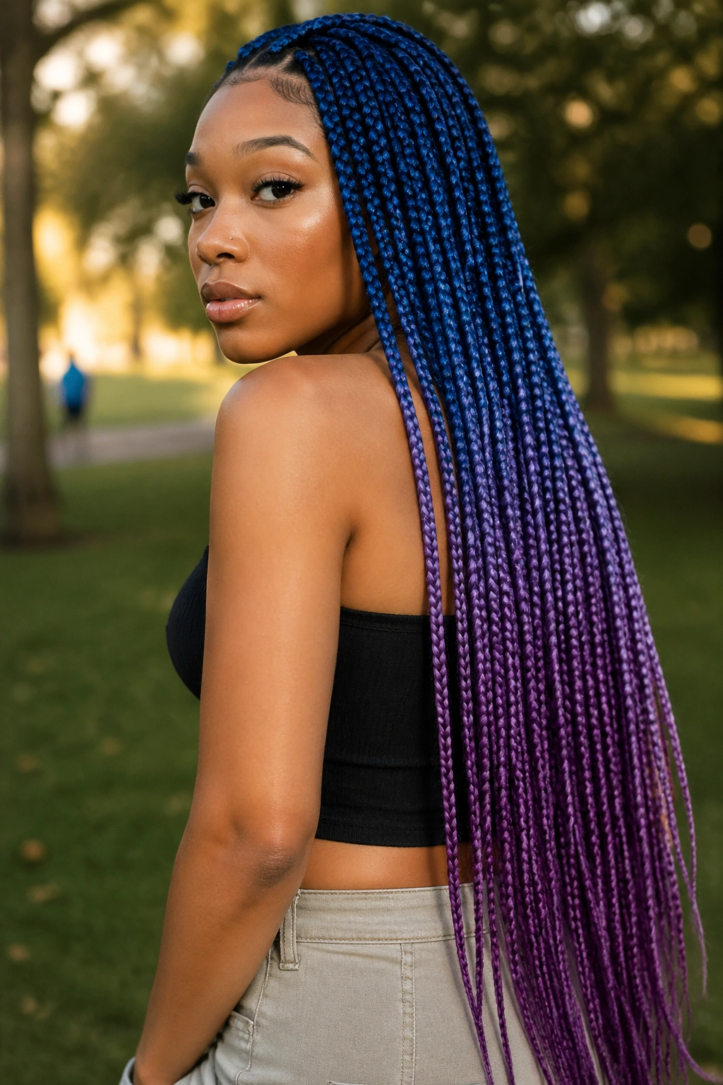Close-up portrait of real woman with blue-to-purple gradient box braids in golden hour outdoor setting.