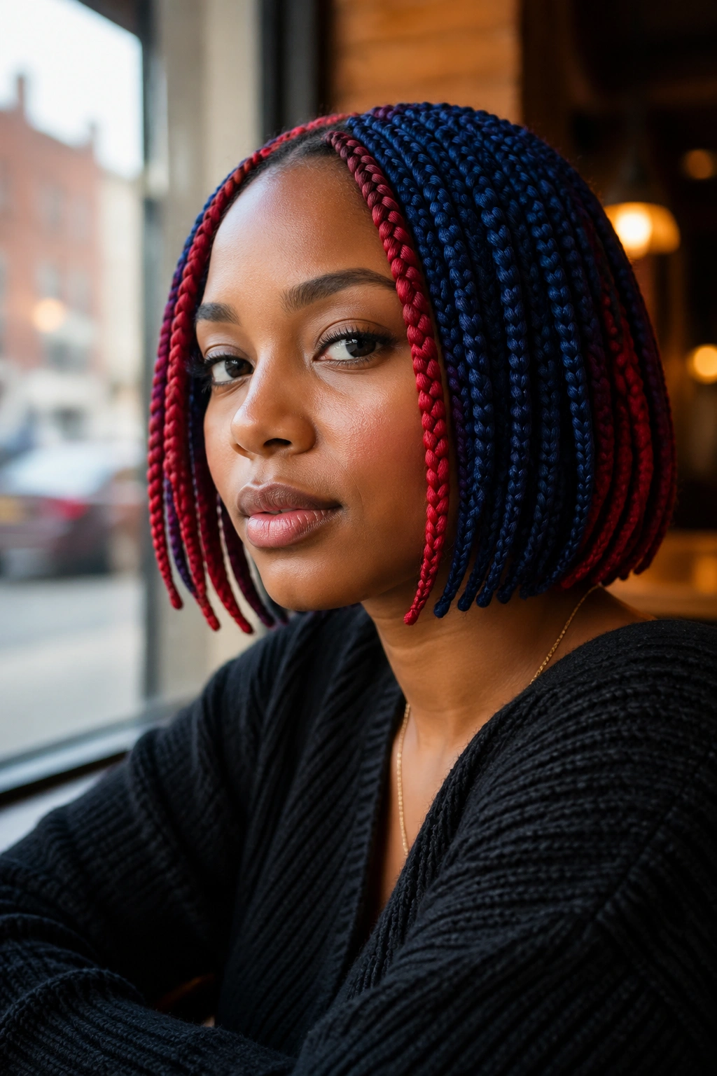 Close-up of a real woman with chin-length blue and red box braids framing her jaw.