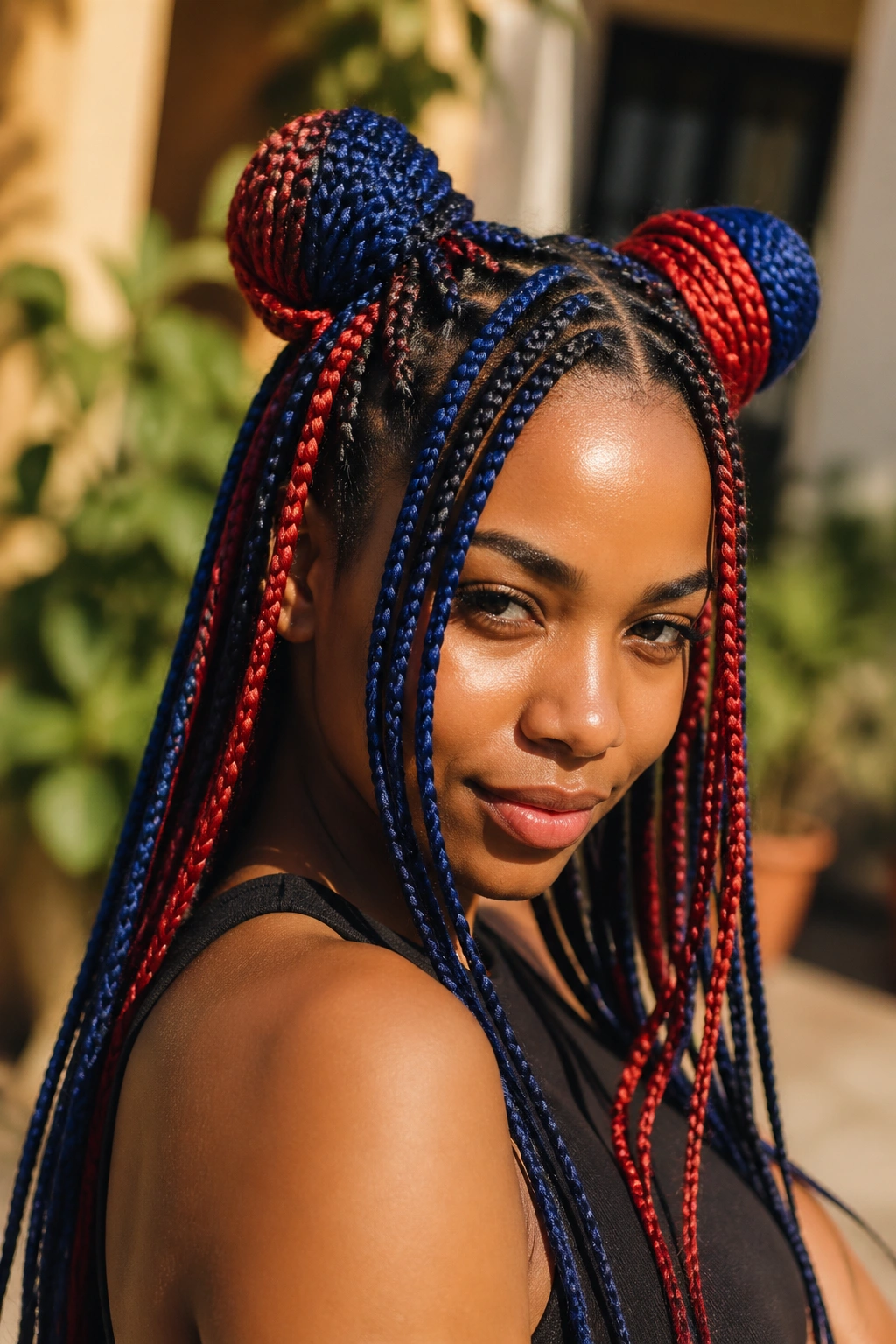 Close-up of a real person with blue and red space buns box braids in a sunlit outdoor courtyard