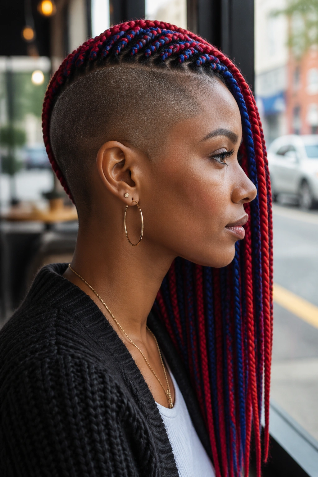 Profile view of a real person with blue and red box braids and an undercut