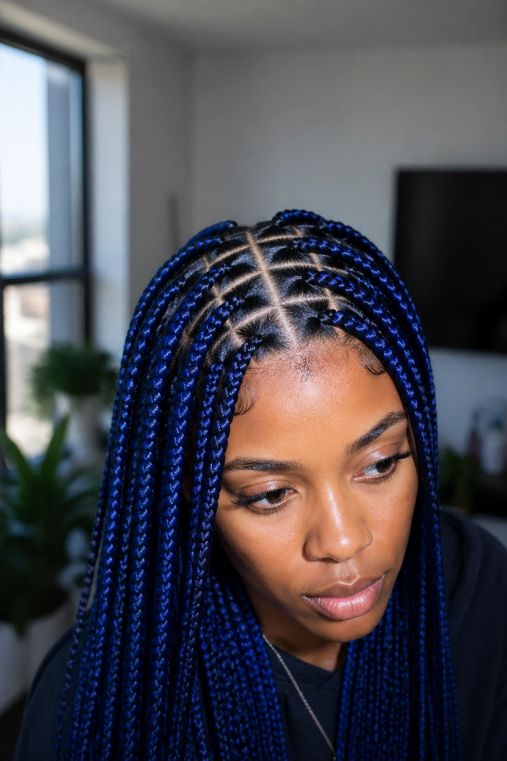 Close-up of a real person with blue stitch-part box braids showing neat part lines.