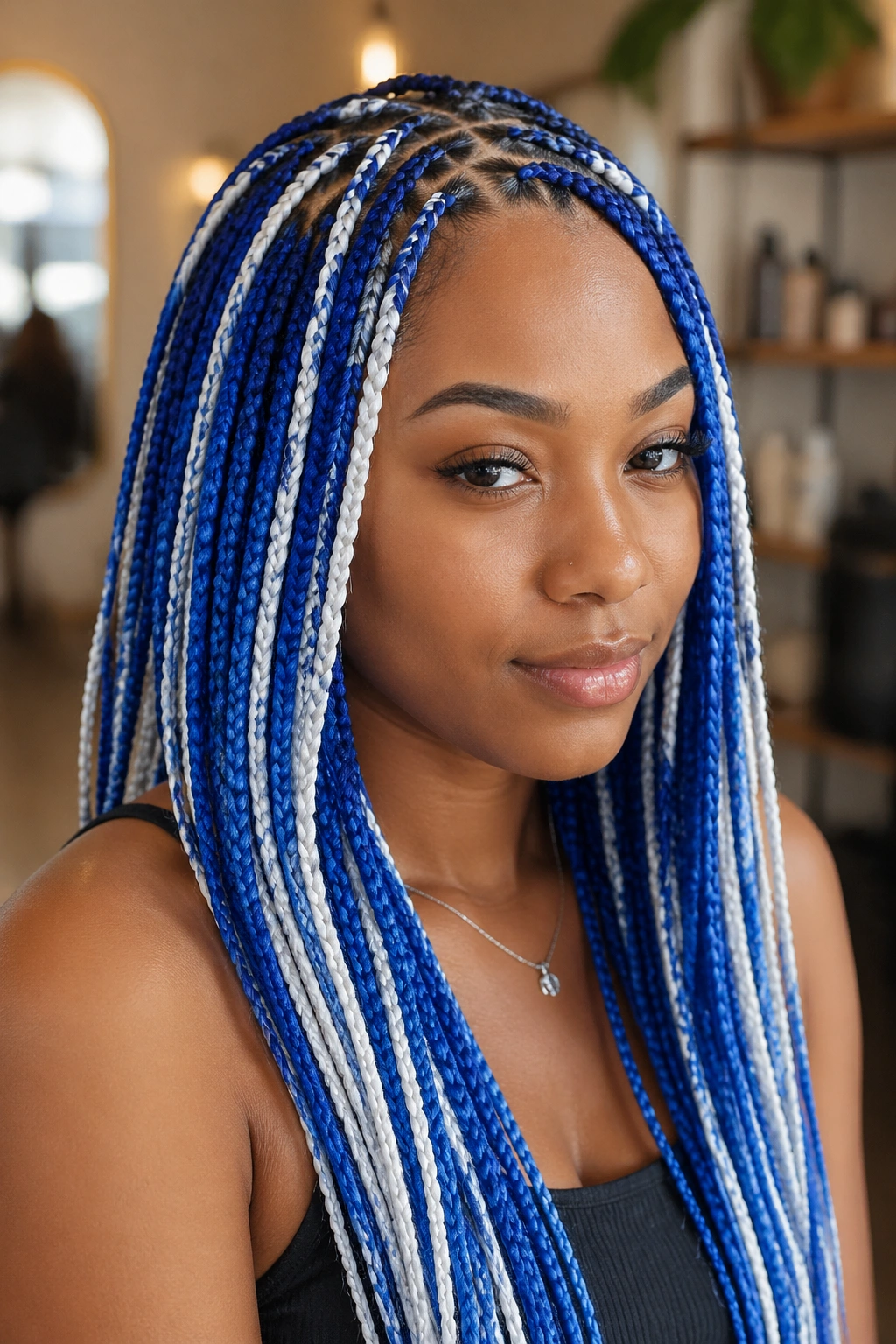 Close-up portrait of a real woman with slim stitch-part blue and white box braids in a salon