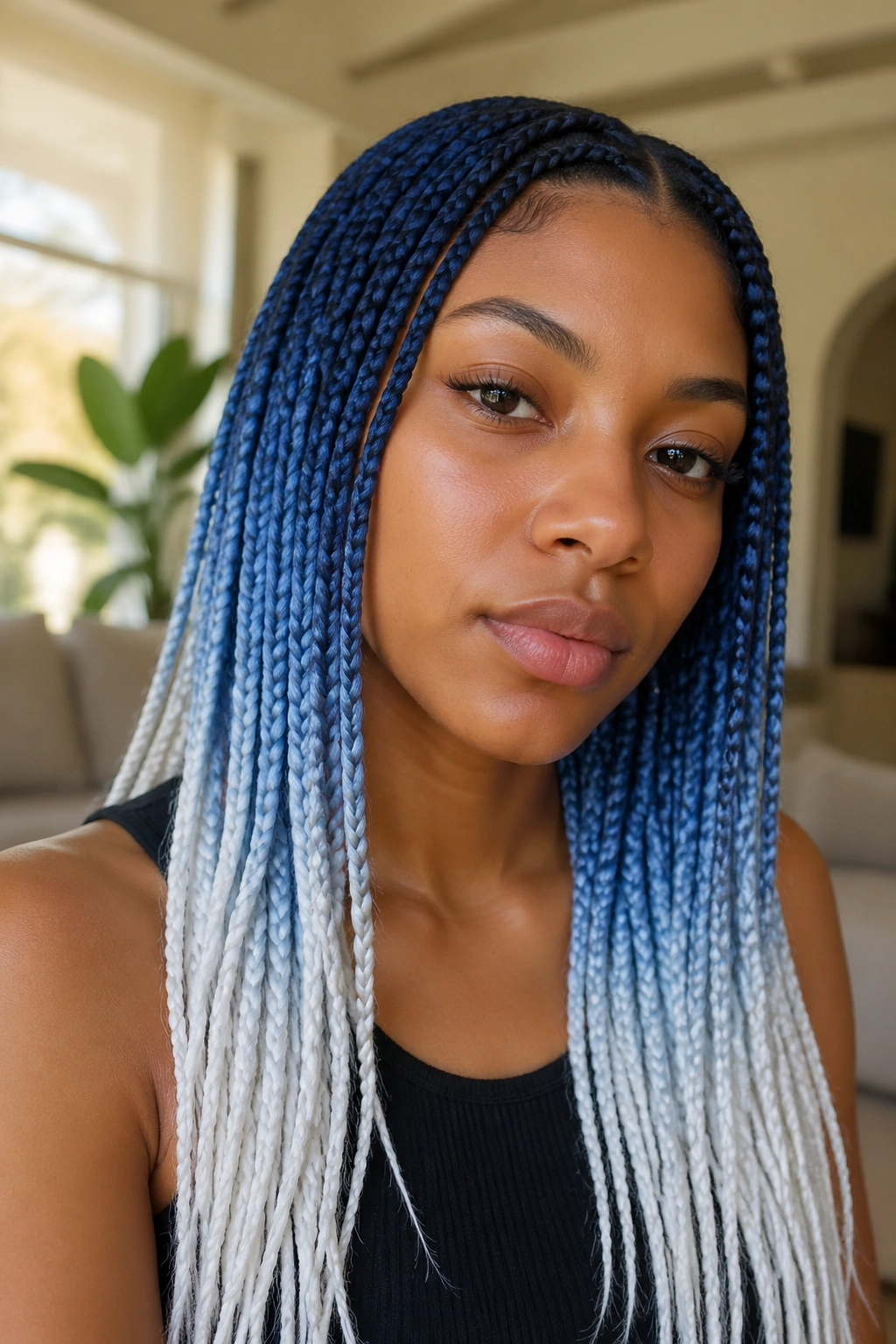 Close-up portrait of a real woman wearing blue and white box braids with white-dipped ends