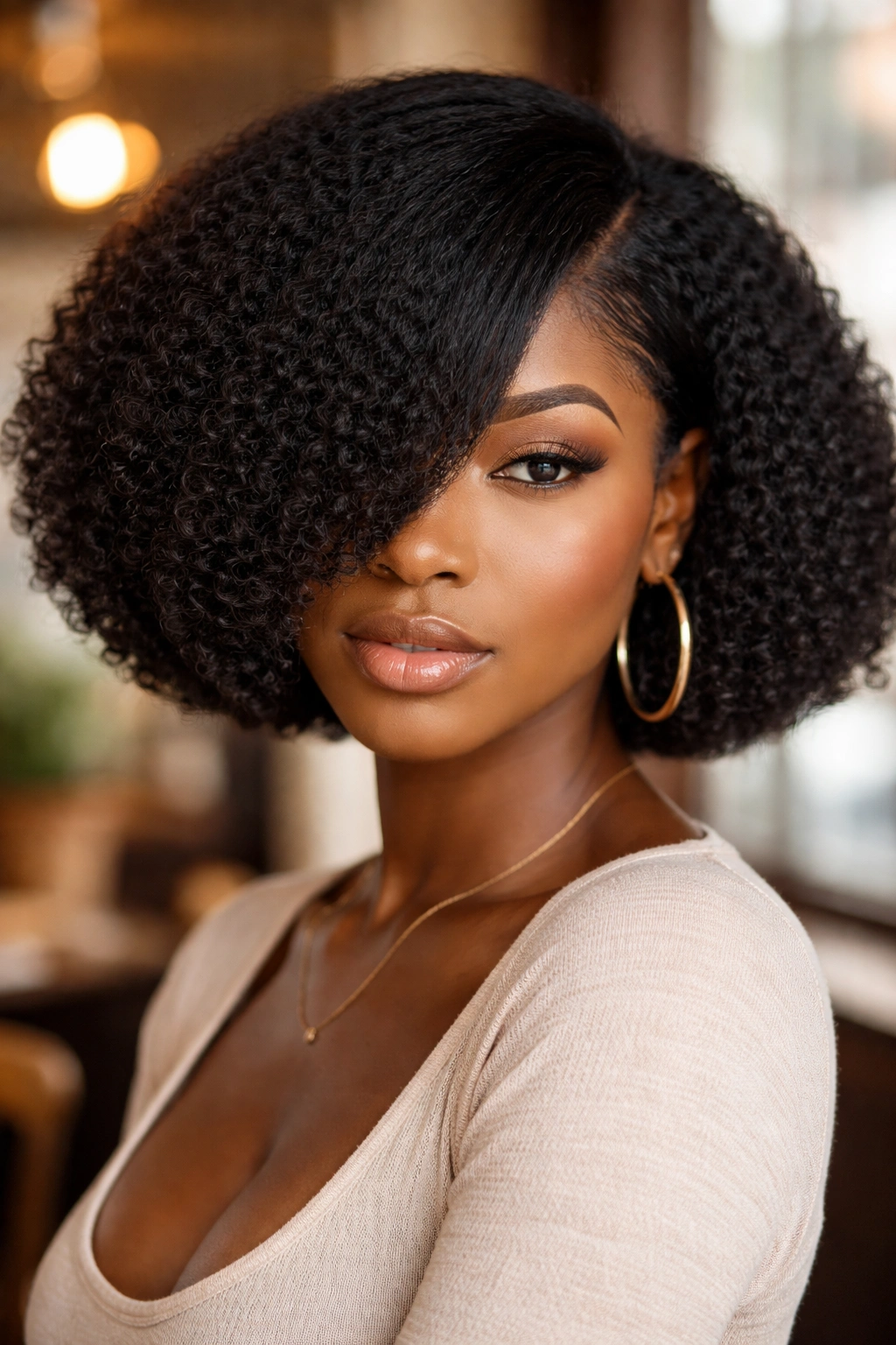 Close-up of a real woman with blunt afro bob and a high part