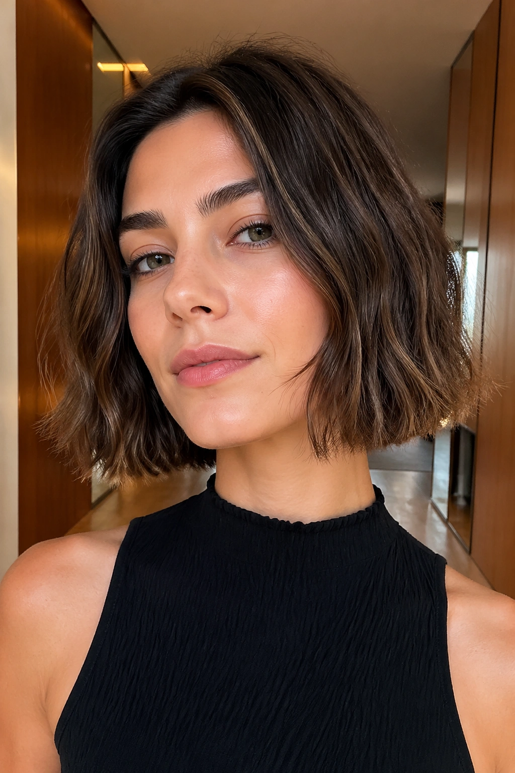 Close-up of a real woman with blunt bob and broken ends in warm interior light
