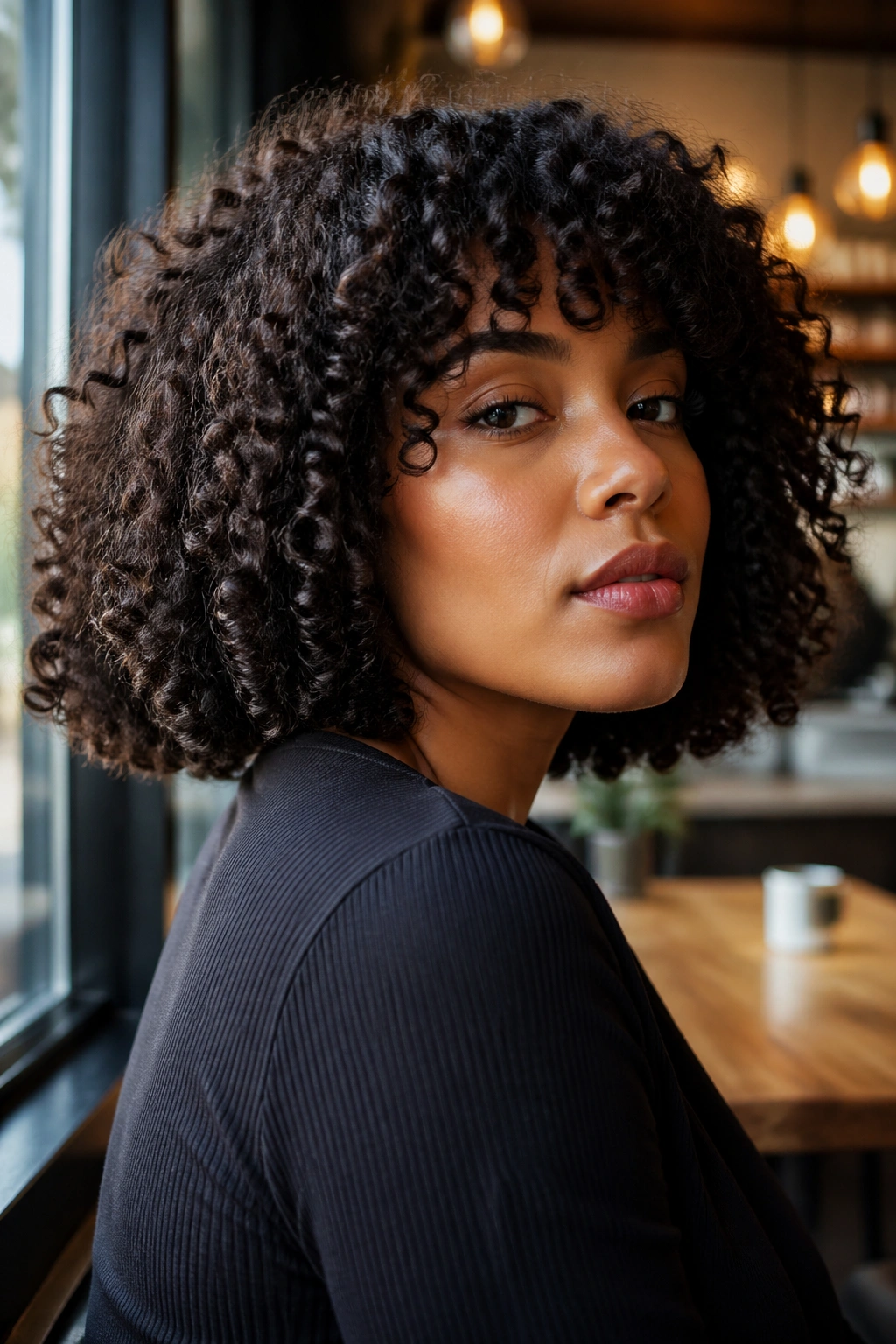 Close-up portrait of a real person with a blunt medium bob on curly hair.