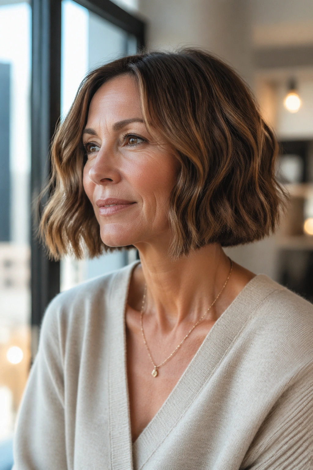Close-up of a woman with blunt bob and gentle bend in natural light