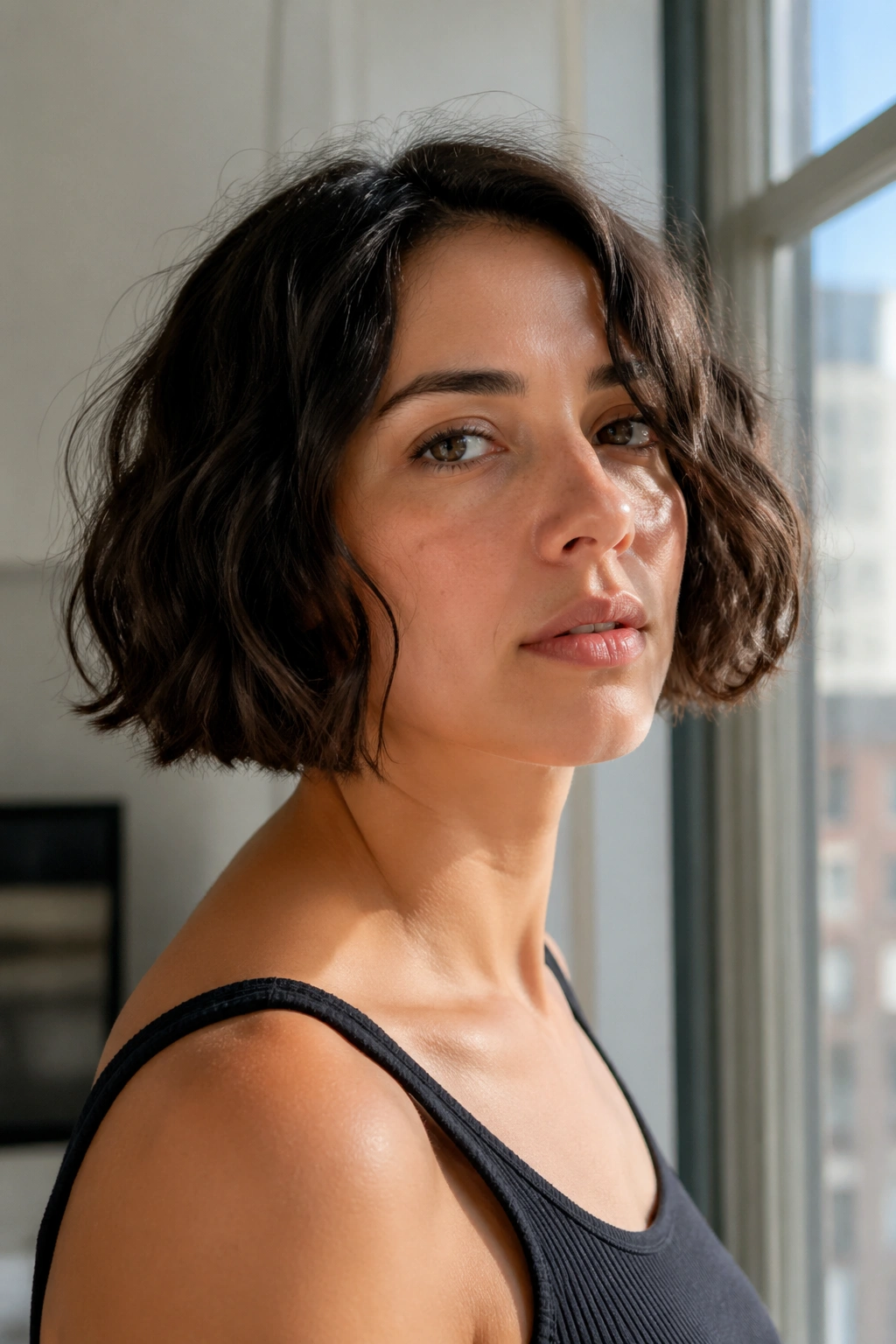 Real person portrait with a jaw-length blunt bob under natural light