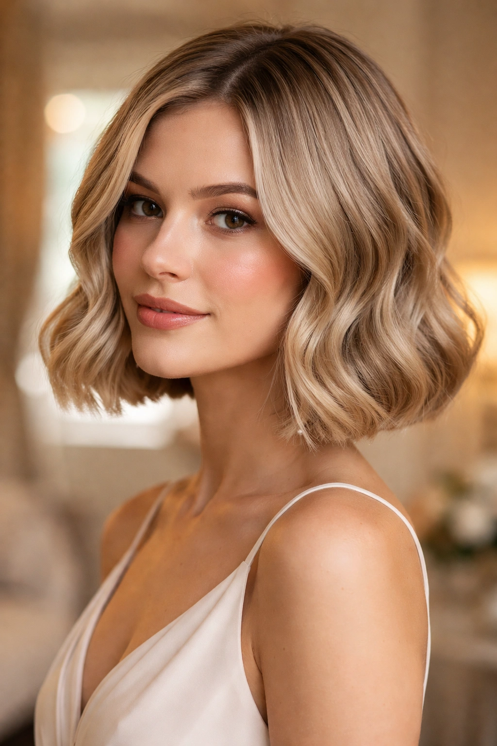 Close-up of a real bridesmaid with blunt bob and soft S-waves