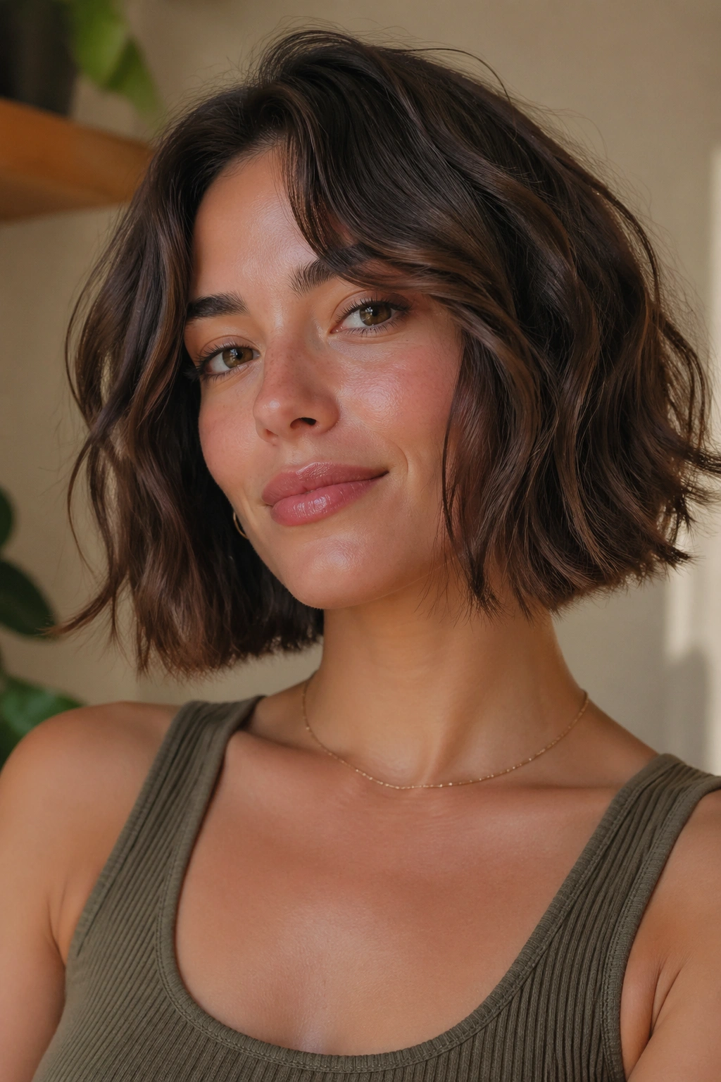 Real woman with blunt bob and soft ends under warm light.