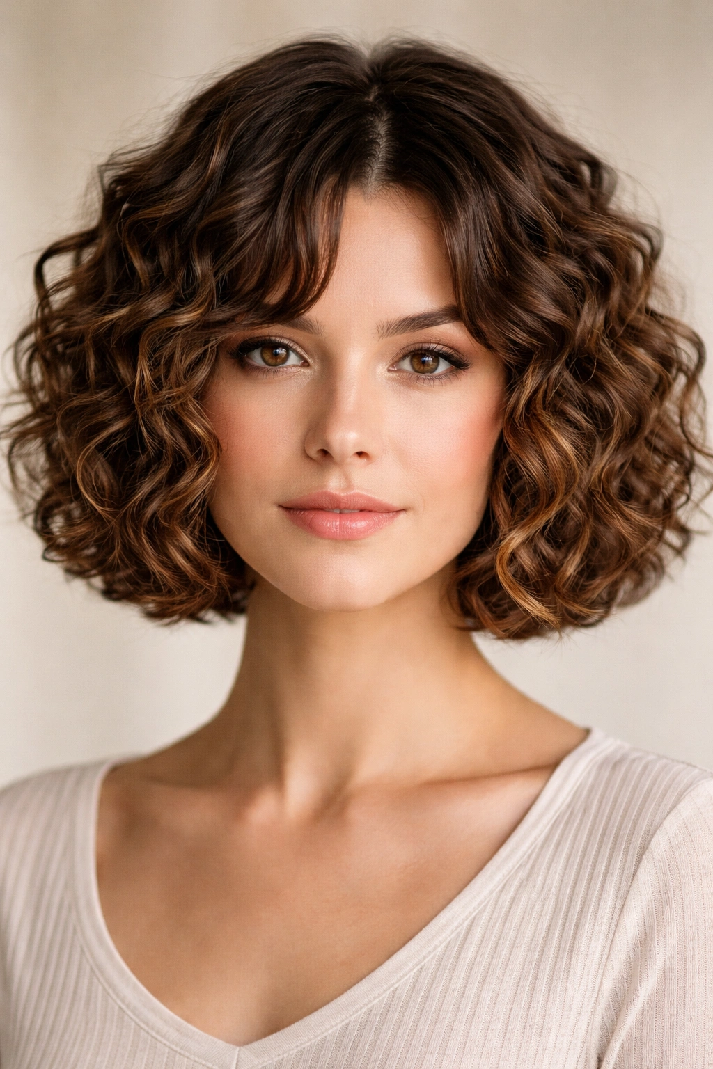 Close-up of a blunt chin-length curly bob with dense, stacked curls