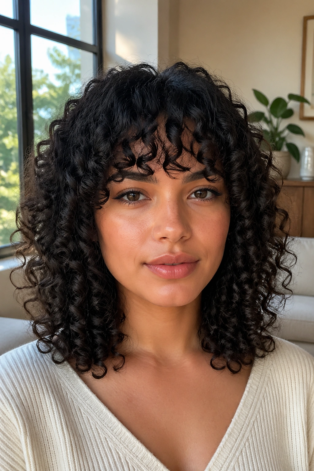 Portrait of a woman with blunt curly bangs and medium-volume curly hair.