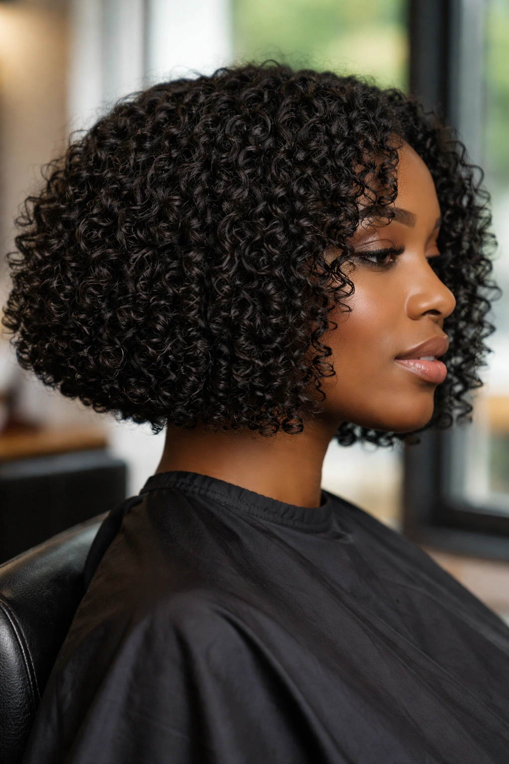 Close-up of blunt curly bob highlighting sharp edge and defined curls.