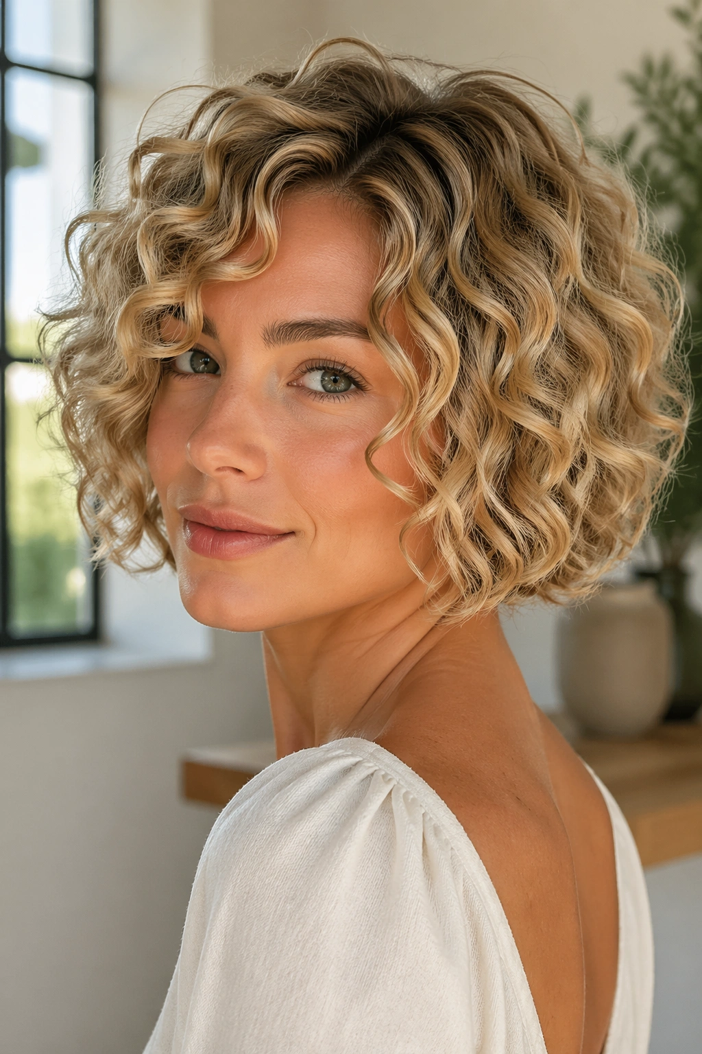 Close-up portrait of a real woman with a blunt curly bob and interior layers, bright natural light