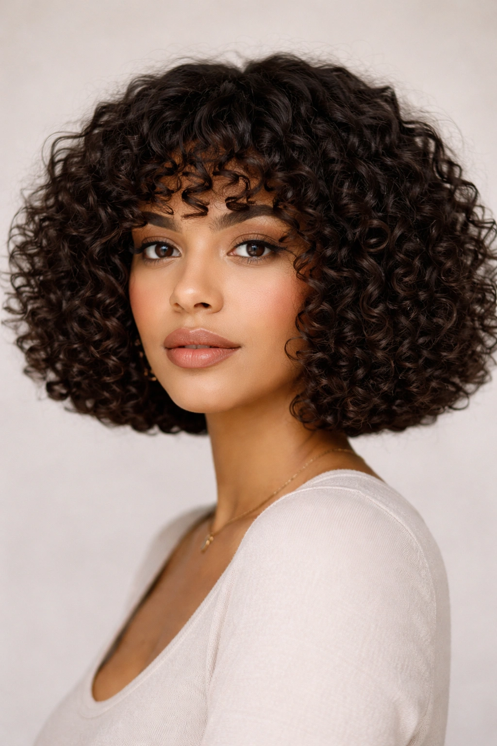 Blunt curly bob with a clean blunt edge on thick curls