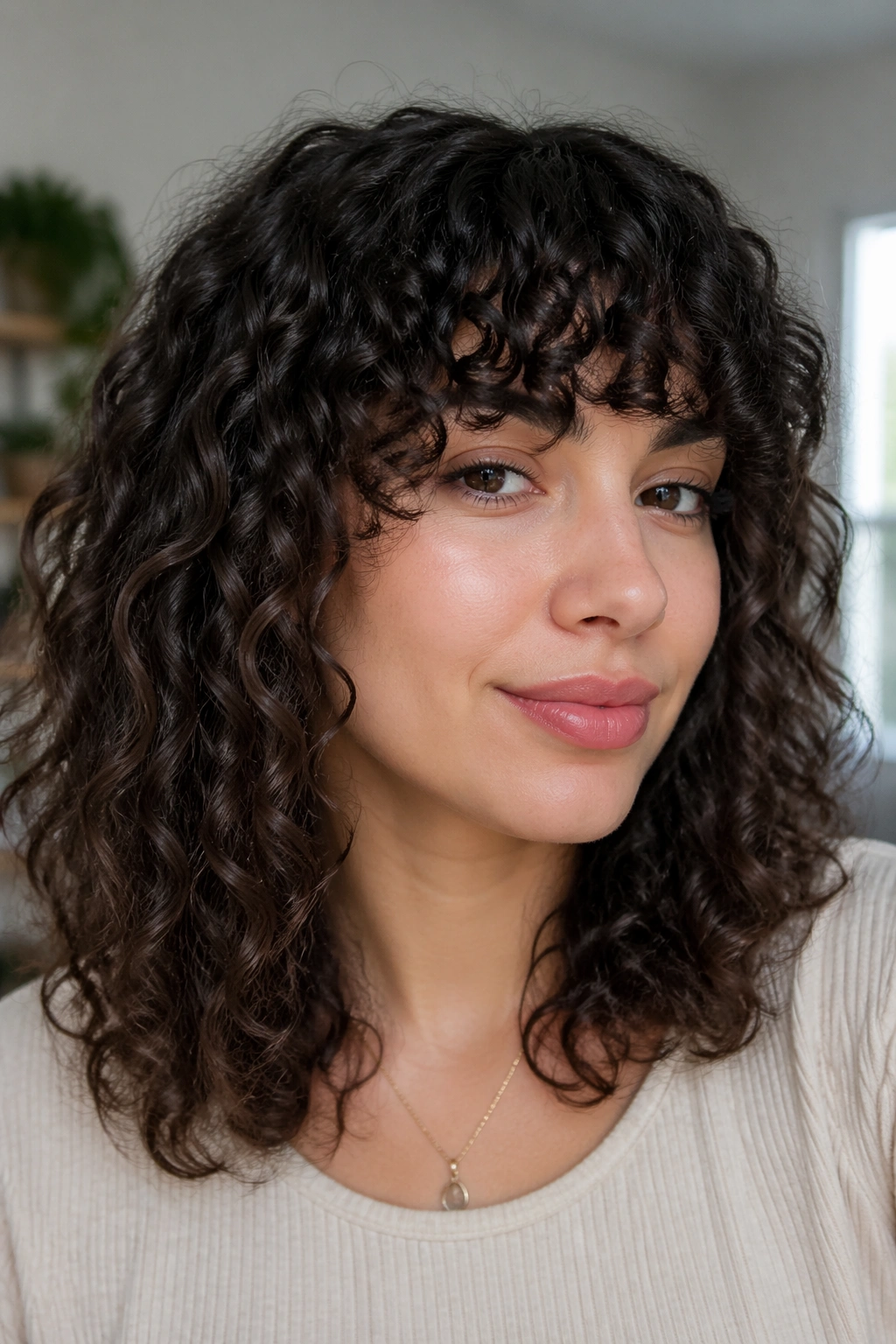 Close-up portrait of a real person with a blunt curly fringe under diffuse light.