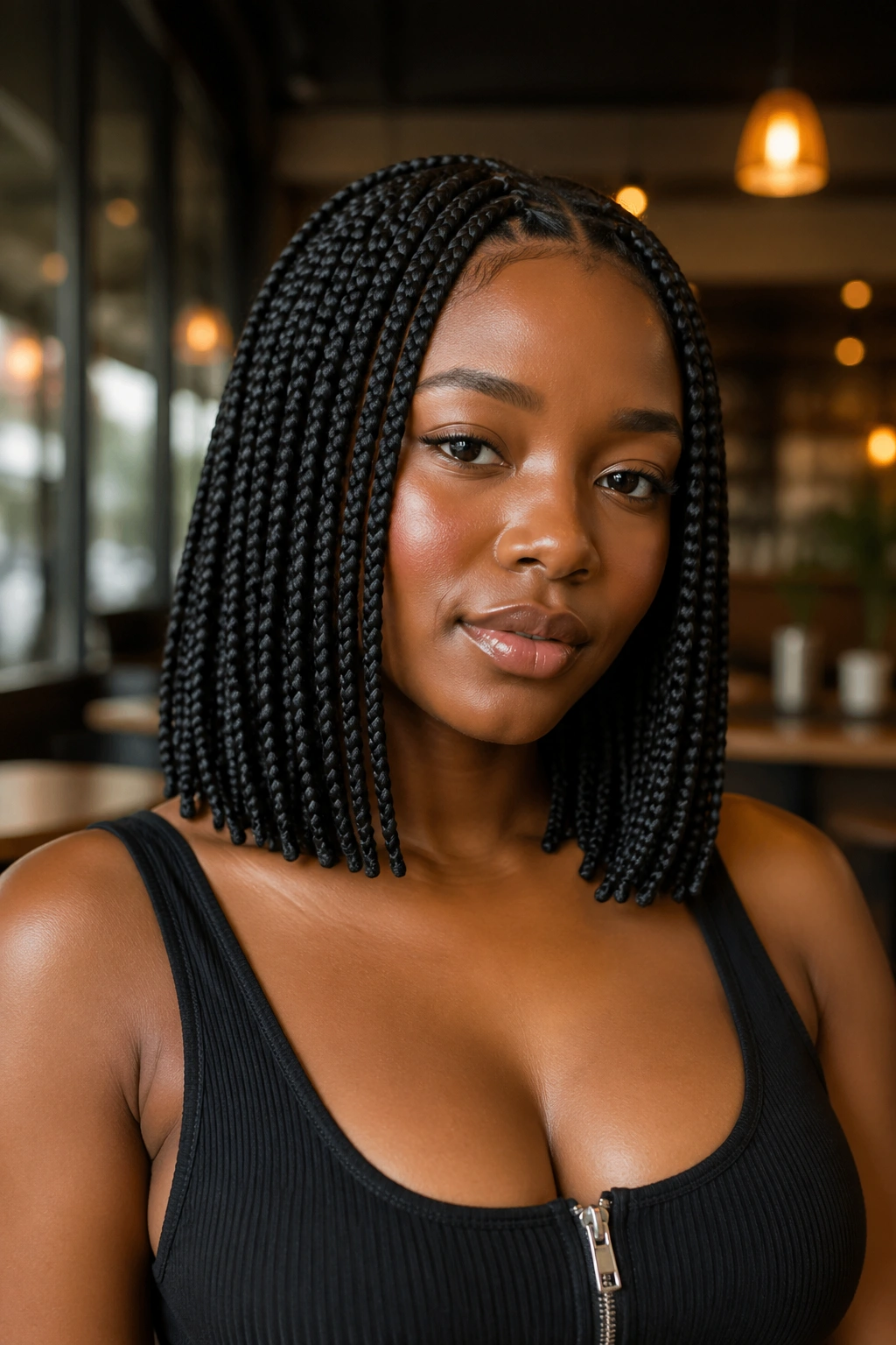 Close-up of real woman with blunt-cut box braids and crisp ends
