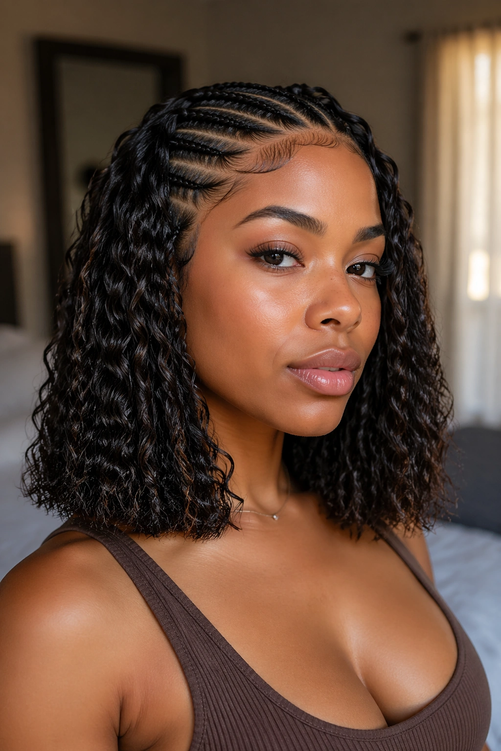 Close-up of blunt-cut bohemian curls at shoulder length on a real woman.