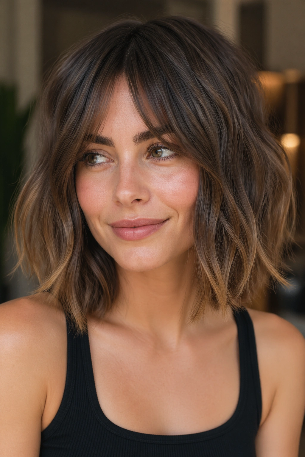 Close-up of a real woman showing blunt cut with invisible layers for volume