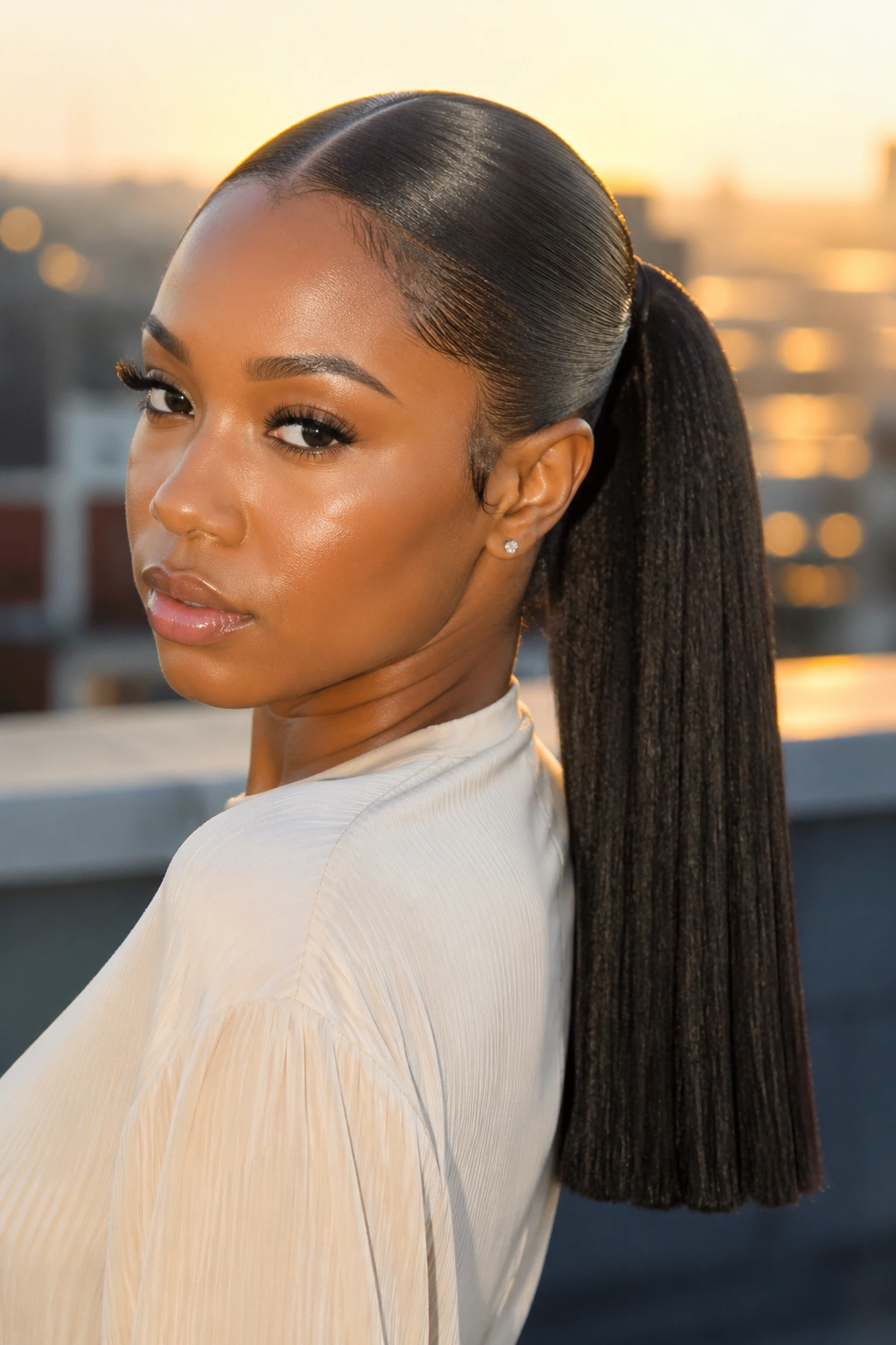 Real Black woman with blunt-cut long ponytail against urban sunset background