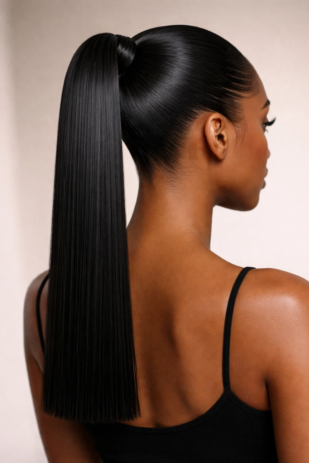 High ponytail with a blunt-cut end, sleek and precise against a neutral studio backdrop