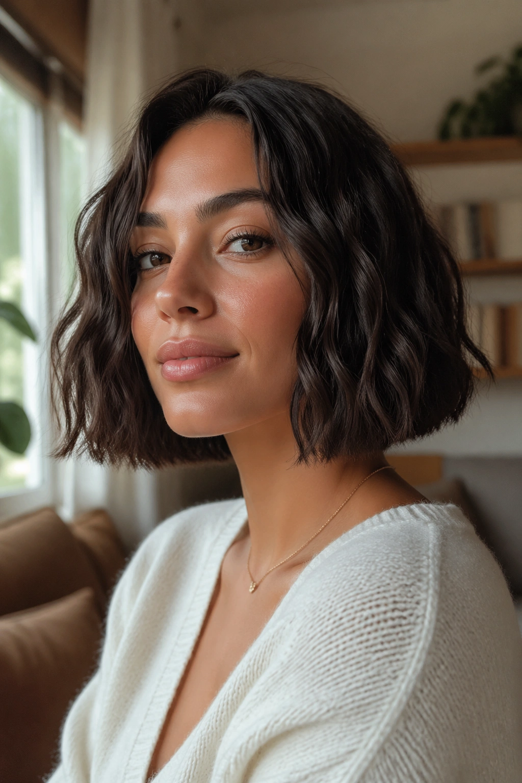 Close-up of a real woman with blunt cut wavy bob in warm daylight