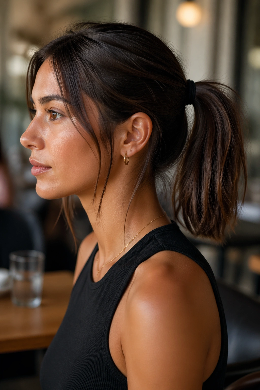 Close-up portrait of a real woman with blunt-end mid ponytail and texture at the ends