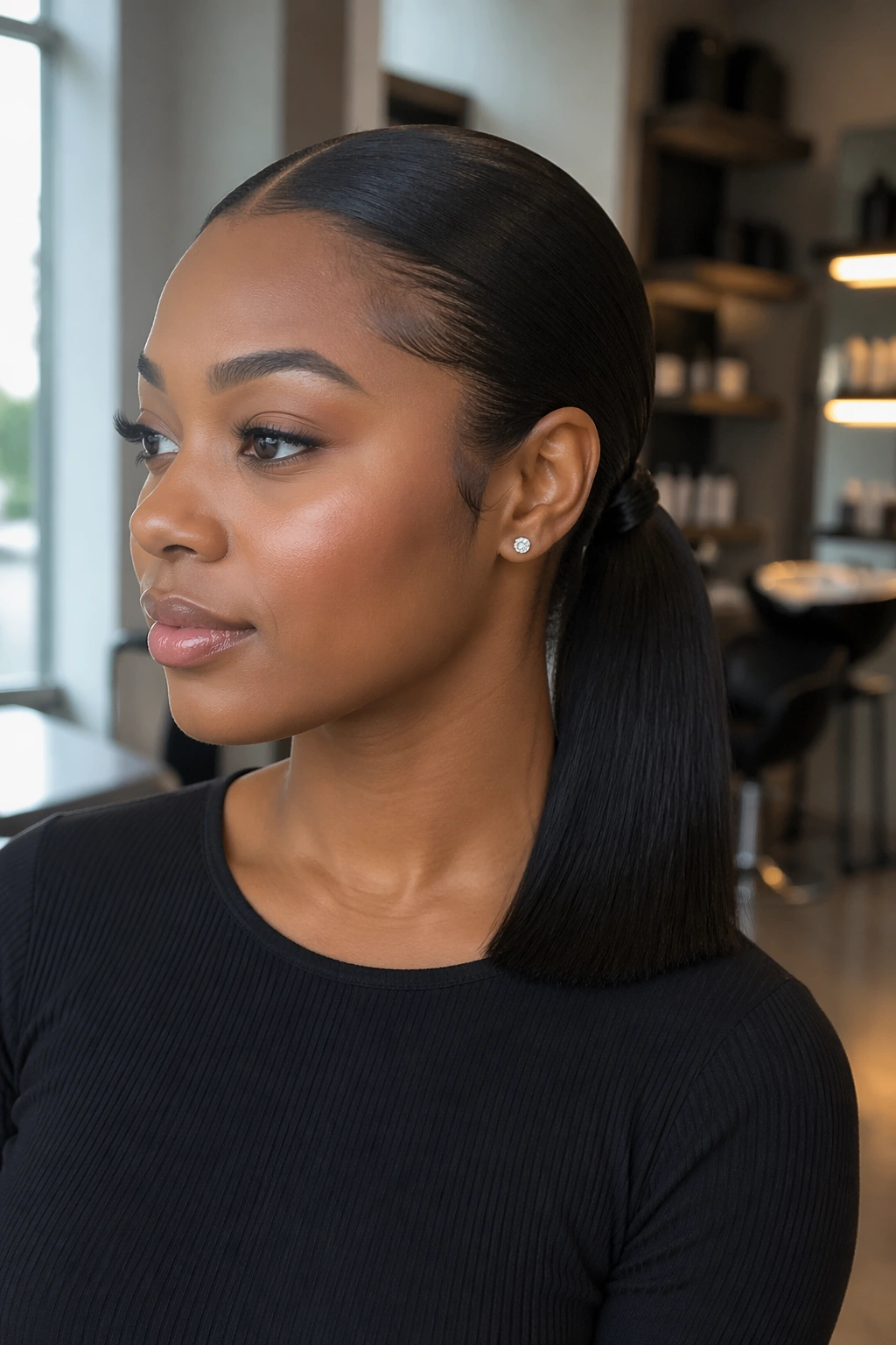 Close-up portrait of a real woman with a blunt-end low weave ponytail, dense straight tail at the nape in a salon setting.