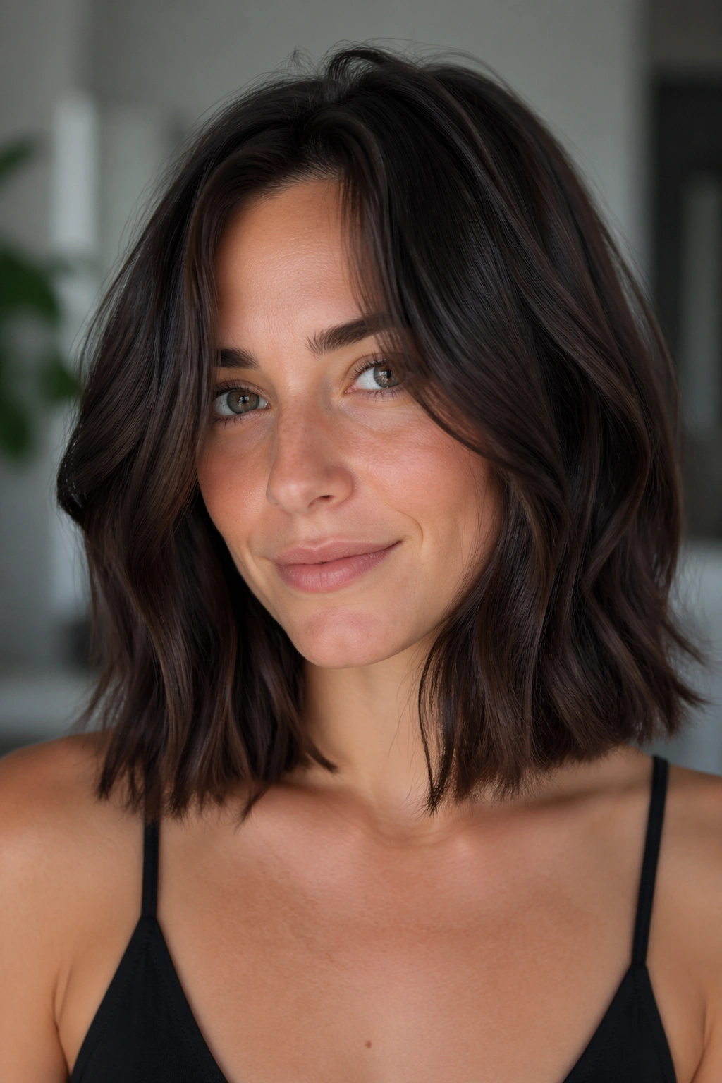 Close-up of a real woman with blunt ends and hidden layers