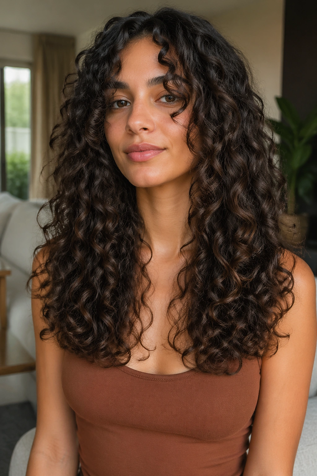Close-up of a real woman with blunt ends and internal layers in curly hair