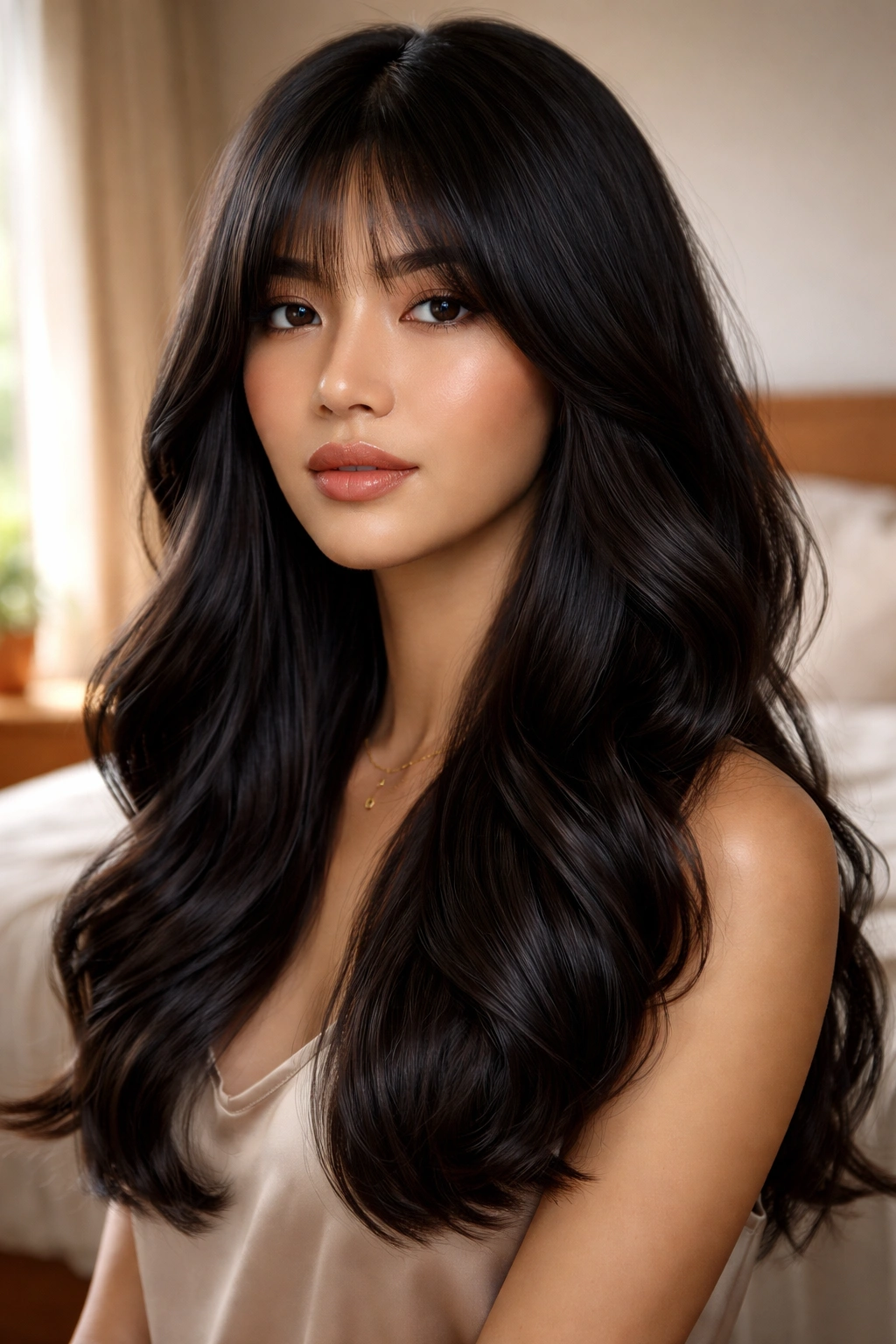 Close-up of a real woman with blunt ends and soft waves in black hair by a window