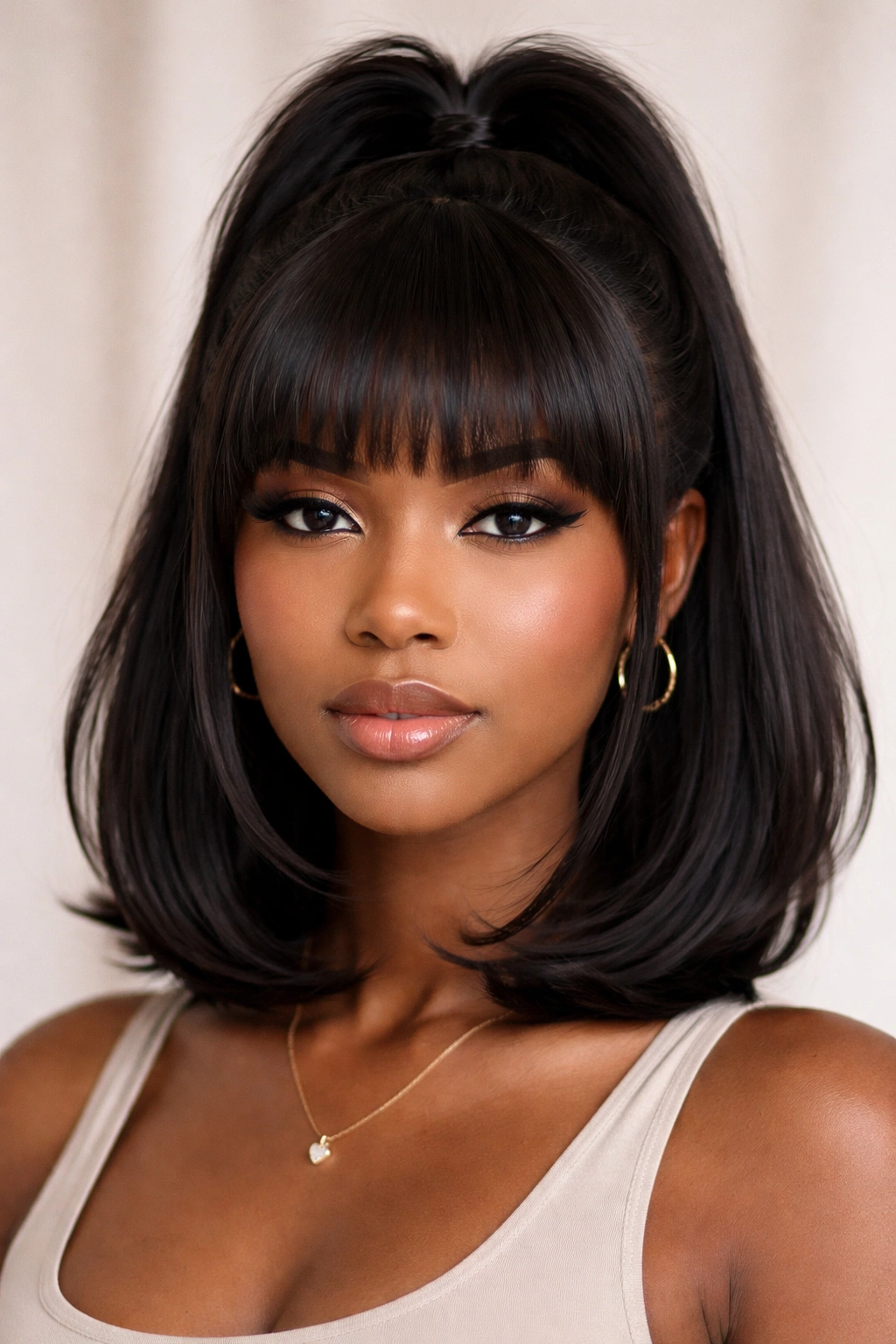 Blunt fringe half-up bob with lifted roots