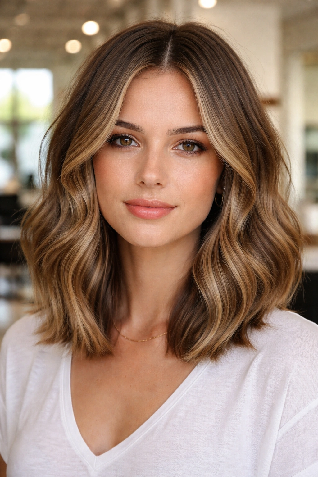 Close-up of real woman with blunt-front and soft-back lob showing crisp face-framing line