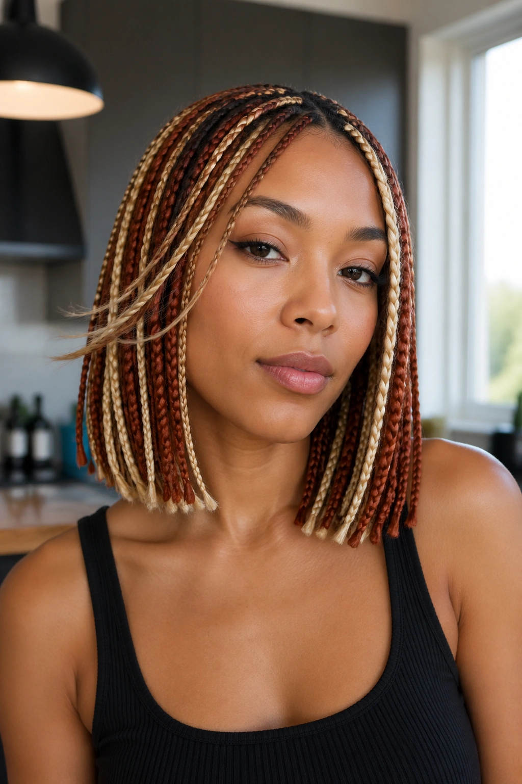 Close-up portrait of a real person with blonde and red box braids in a blunt lob