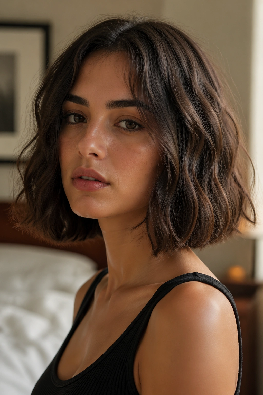 Close-up of a real woman with blunt lob haircut in warm window-light bedroom