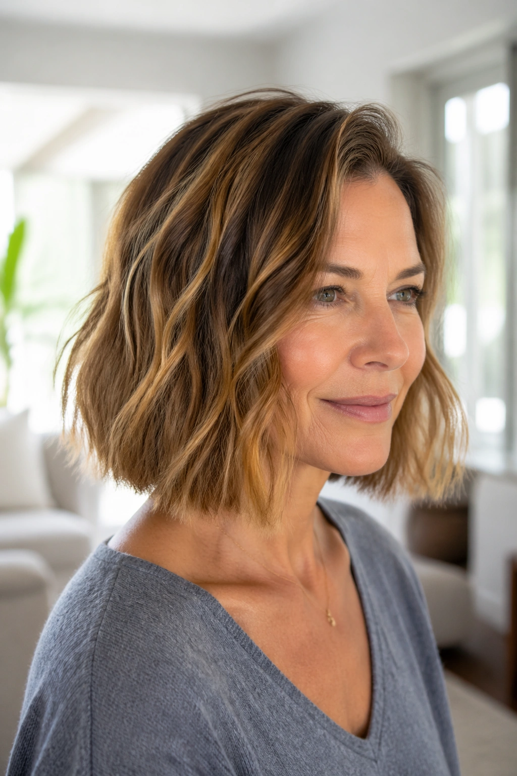 Close-up of real woman showing blunt lob with soft interior texture.