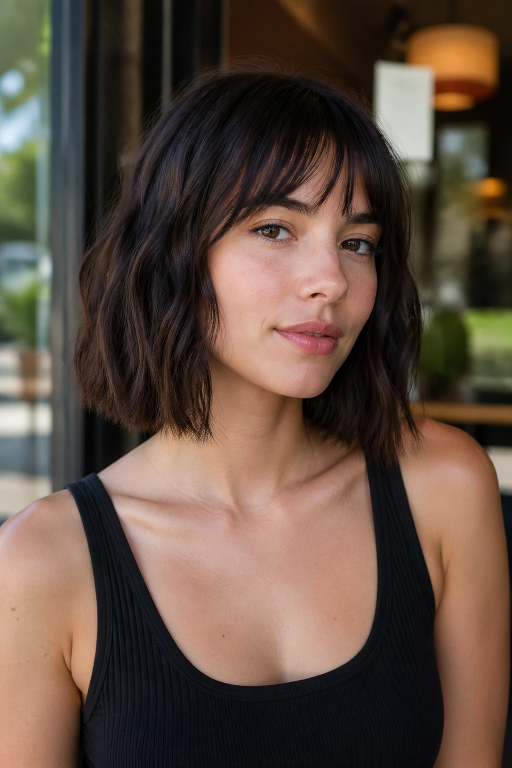 Portrait of a woman with blunt lob and piecey bangs in cafe light