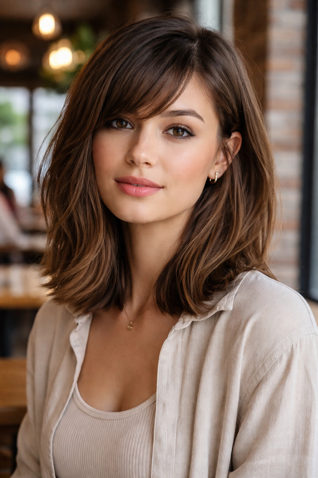 Close-up of a real person with blunt lob and side-swept bangs in a modern cafe